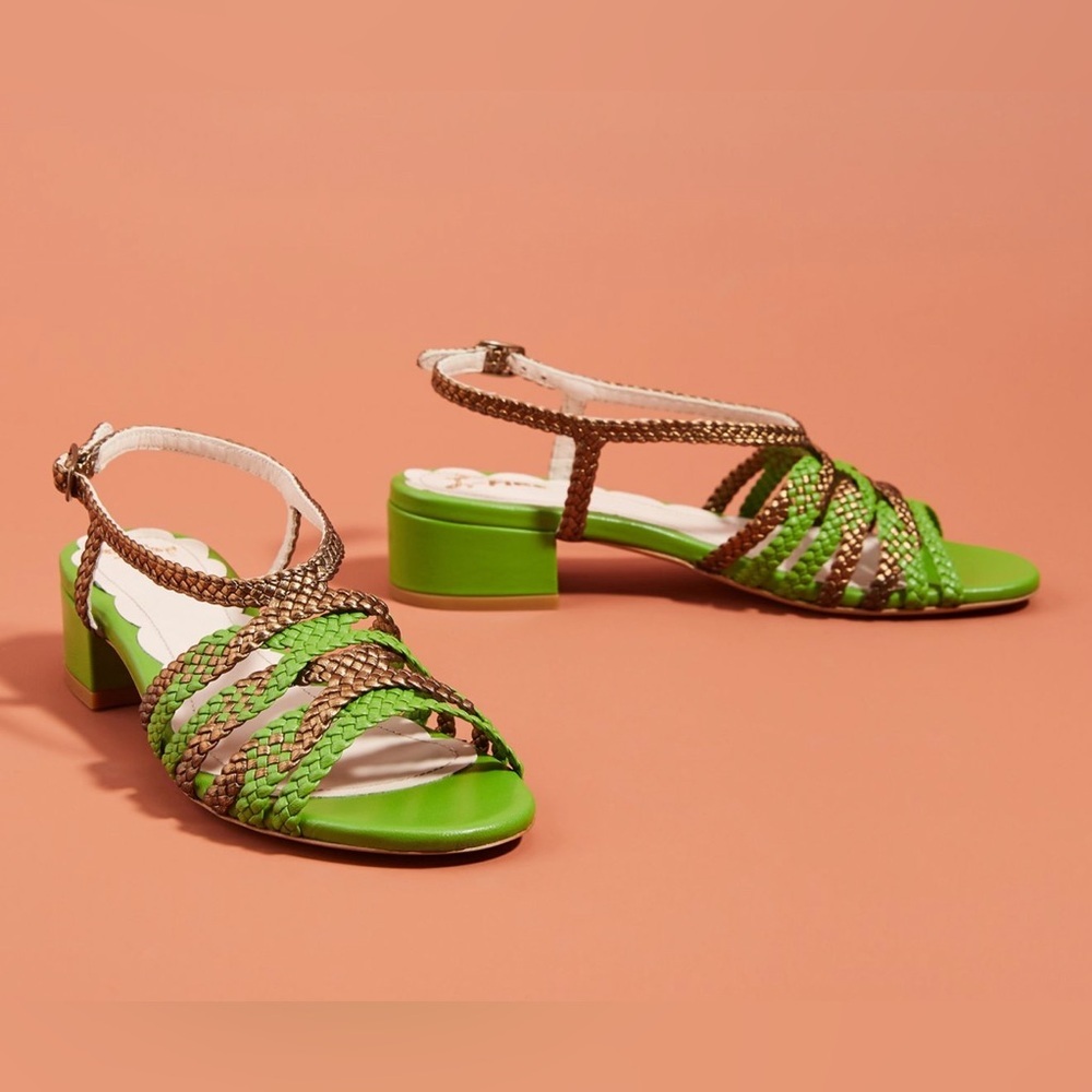 Anthropologie Miss L Fire Clementine Block Heels Sandal in Green/Bronze Sz 40